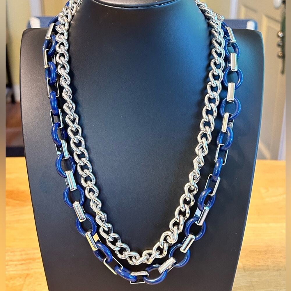 L0035 Lia Sophia Large Chain Necklace Blue Silver tone Adjustable